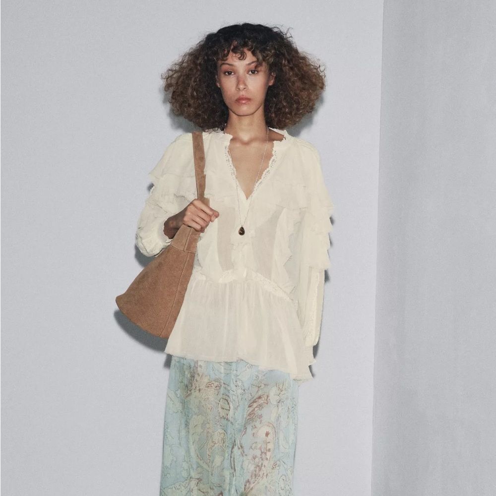 ZARA ZW COLLECTION LACE RUFFLE BLOUSE - Picture 1 of 11